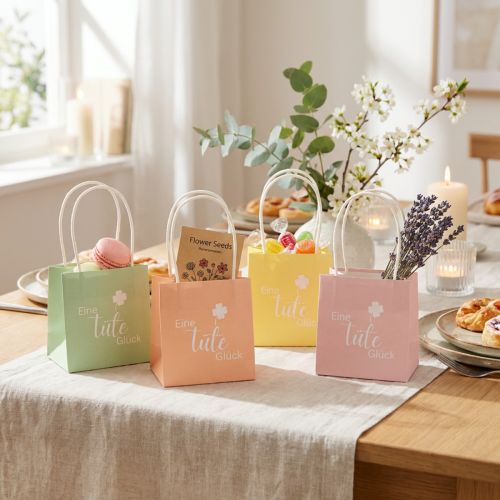Article Sachet cadeau imprimé « Un sac de bonheur », idéal pour de jolies idées cadeaux, 12 cm, lot de 12.