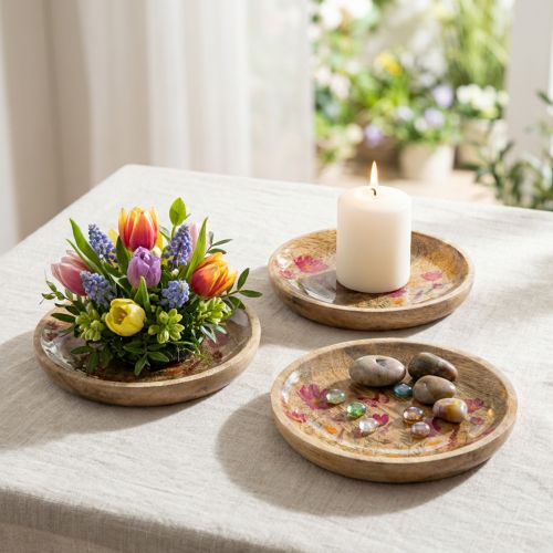 Assiettes en bois décorées de fleurs et de papillons, rose naturel, Ø15cm, lot de 3 | Floristik24.be