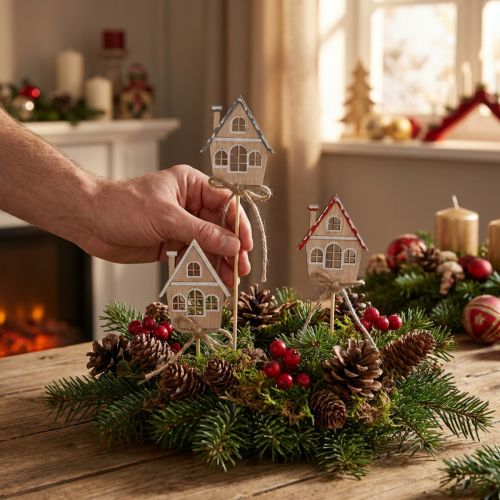 Piquets pots de fleurs Maisons Déco de Noël Bois 5cm 12pcs | Floristik24.be