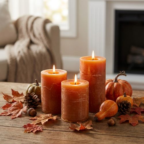 Bougies piliers orange foncé, couleur unie, Sunset Rustic, 60 x 80 mm, lot de 4, pour les décorations d'automne et de l'Avent. | Floristik24.be