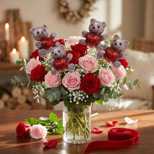 Bouchon décoratif ours avec coeur, Saint Valentin, bouchon fleur pailleté 9 pcs | Floristik24.be