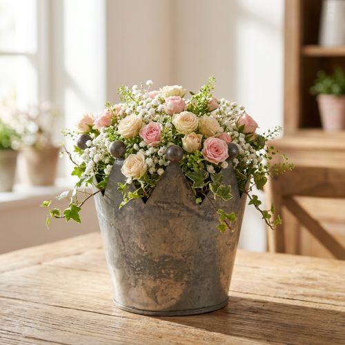 Déco couronne aspect antique décoration de table en métal gris Ø12,5cm H12cm | Floristik24.be