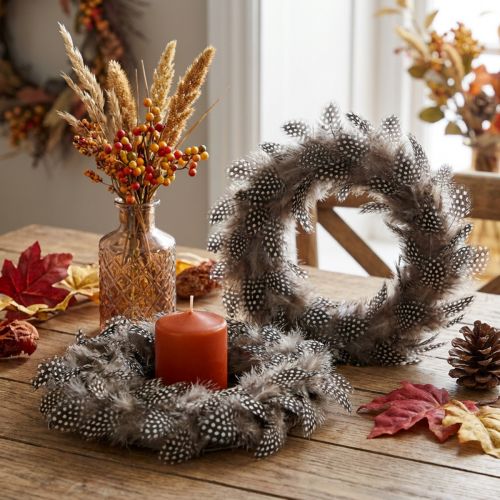 Article Couronne de plumes décoratives Couronne de vraies plumes de pintade Ø20cm 3 pièces