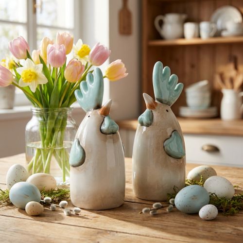 Décoration de cuisine en céramique coq poulet blanc bleu marron H14,5 cm 2 pcs | Floristik24.be