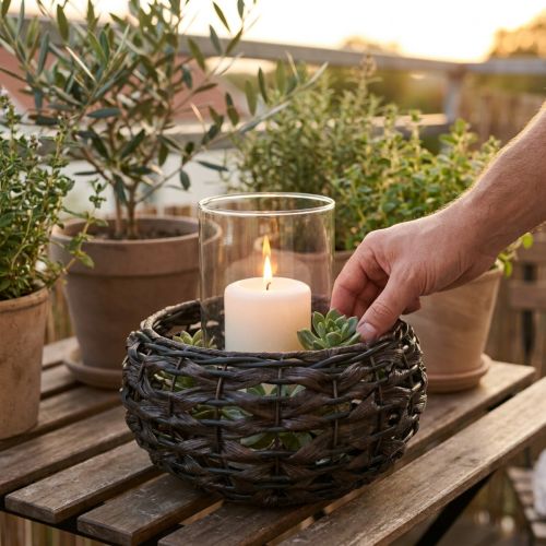 Lanterne tressée noir, rotin marron verre bougie Ø23cm H18cm | Floristik24.be
