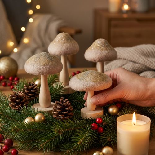 Champignons décoratifs en bois et feutrine pailletés, décoration de table de l'Avent, 11 cm de haut, lot de 4 | Floristik24.be