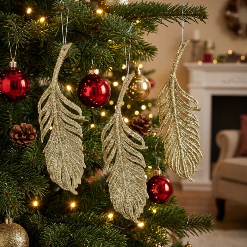 Plumes décoratives dorées avec paillettes à suspendre – Lot de 12 | Floristik24.be