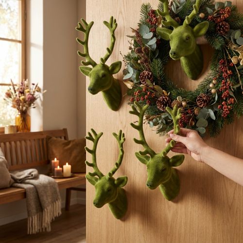 Tête de cerf déco floquée vert mousse 10cm x 20cm 3 pcs | Floristik24.be