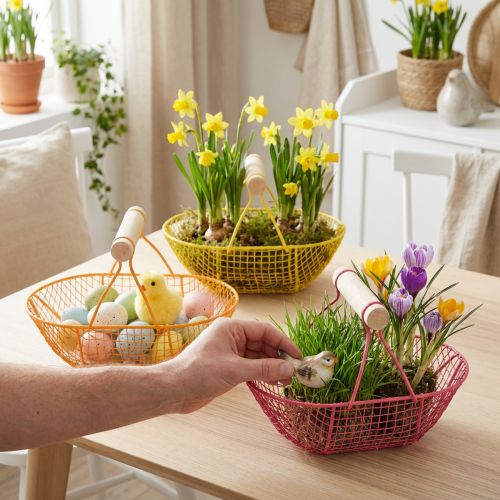 Panier en fil de fer avec poignée en bois. Design pratique. Idéal pour les décorations printanières, à la maison comme au bureau. 17 cm, lot de 6. | Floristik24.be