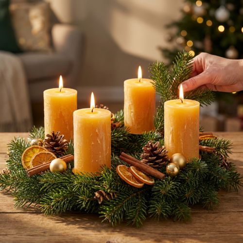 Bougies de l'Avent, jaune rustique, 70/110 mm, lot de 4 - bougies piliers unies pour une ambiance de Noël chaleureuse | Floristik24.be