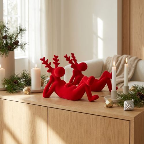 Figurine décorative de renne rouge couché, design moderne, 24 cm, lot de 2 | Floristik24.be
