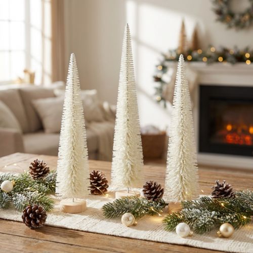 Article Sapin de Noël décoratif avec socle en bois pour décoration hivernale, 40 cm, 3 pièces