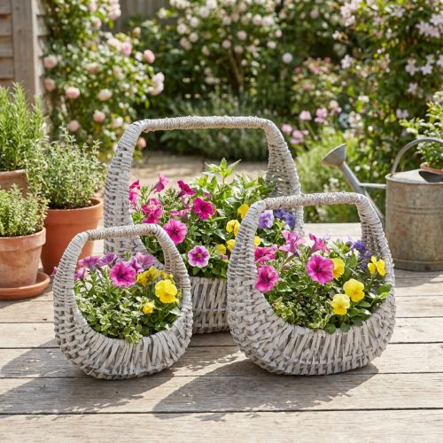 Panier en osier avec anse, gris délavé, H 43/34/27 cm, lot de 3 | Floristik24.be