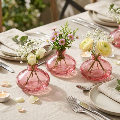 Mini vases en verre bombé plat teinté rose Ø9cm H6cm 6 pcs | Floristik24.be