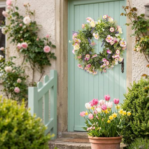 Article Couronne de fleurs artificielles printemps crème rose Ø33cm