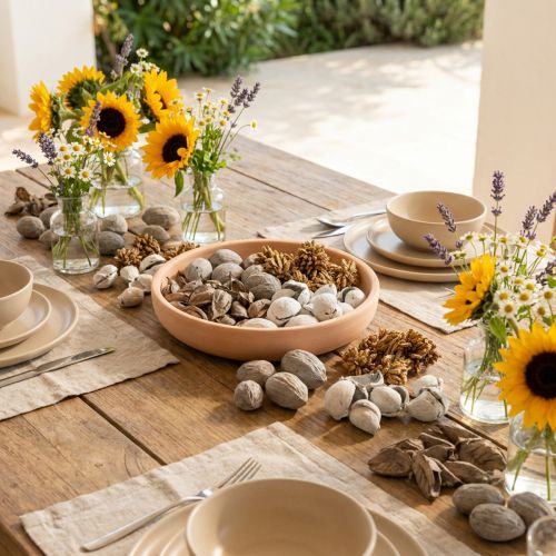 Article Décoration de table en pot-pourri avec des noix pour une ambiance estivale naturelle