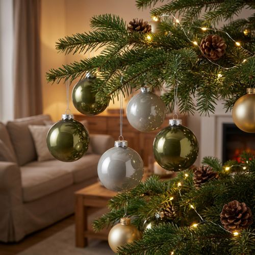 Boules de Noël boules en verre olive gris argent Ø7,5cm 12 pcs | Floristik24.be