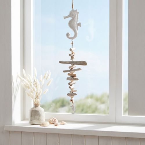 Guirlande Décoration Maritime Bois Flotté Coquillages Hippocampe Blanc 55cm | Floristik24.be