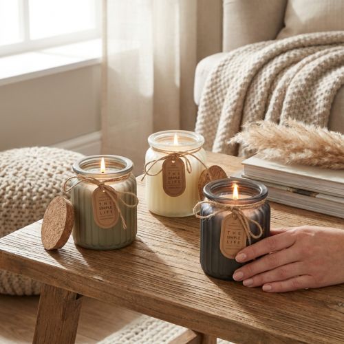 Bougies parfumées en verre santal couvercle liège H9cm 3pcs | Floristik24.be