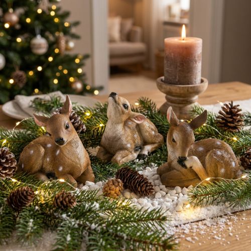 Décoration de cerf faon couché décoration de table 13 × 6,5 × 12 cm 3 pièces | Floristik24.be