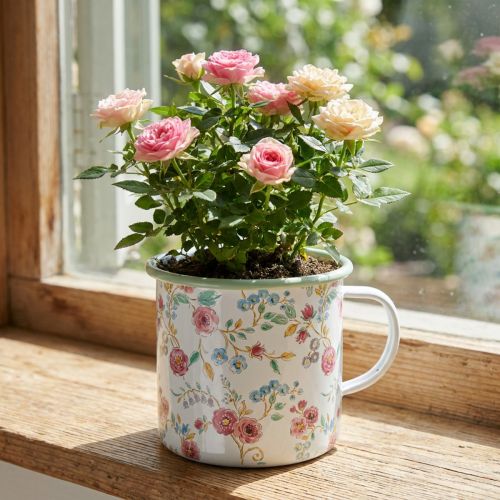 Pot décoratif en émail blanc avec anse, motif roses, Ø 9,5 cm | Floristik24.be