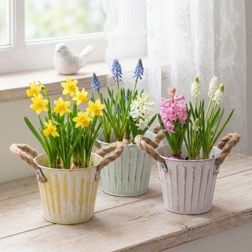 Pot de fleurs décoratif en métal avec poignées, rose/vert/jaune, style shabby chic, Ø 12 cm, H 10 cm, lot de 3 | Floristik24.be