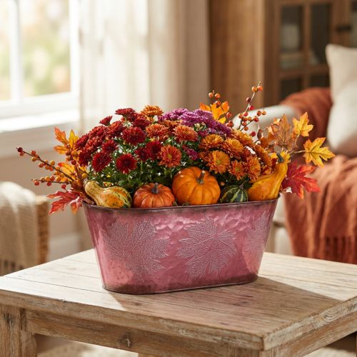 Bol à décor de feuilles, jardinière, décoration automne, pot métal vin rouge L38cm H15cm | Floristik24.be