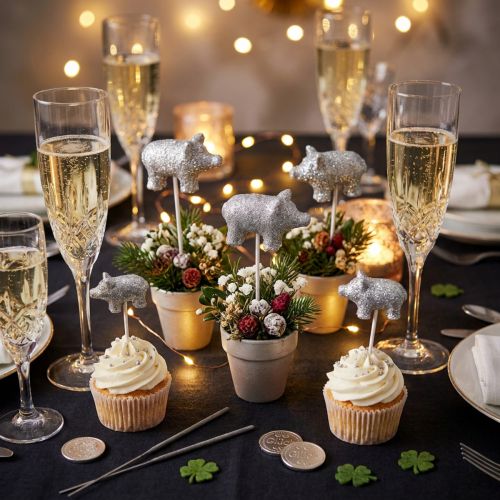 Cochon porte-bonheur Nouvel An porte-bonheur sur bâton argent 3cm 6pcs | Floristik24.be