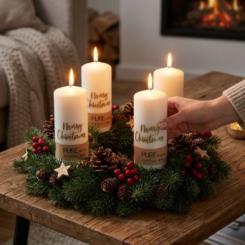 Bougies piliers de Noël, lot de 4, blanches et dorées, 60 x 130 mm - Décoration festive, cire naturelle pure | Floristik24.be