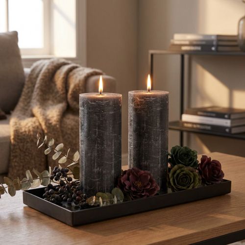 Bougies piliers anthracite élégantes 85 x 200 mm - Design rustique, longue durée de combustion, lot de 2 pour une décoration raffinée | Floristik24.be