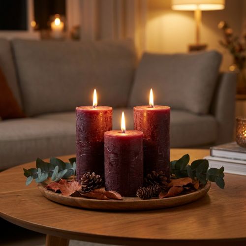 Lot de 4 bougies piliers bordeaux, couleur unie, 70 x 120 mm - Bougies décoratives pour une ambiance et un bien-être optimaux à la maison | Floristik24.be