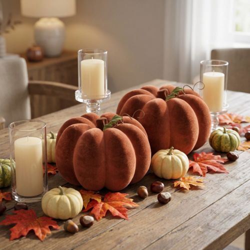 Citrouilles décoratives floquées – Décoration de table automnale dans un riche brun-rouge, 20 cm, 2 pièces | Floristik24.be