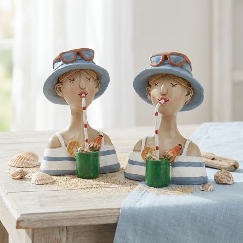 Buste Féminin Cocktail Bleu Blanc Figurines Décoratives H10.5cm 2pcs | Floristik24.be