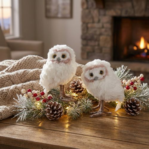 Décoration hivernale, figurines de hibou décoratives à poser, blanches, 15 cm, lot de 2 | Floristik24.be
