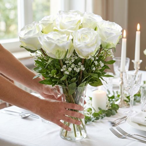 Fleurs décoratives en soie roses en bouquet crème 36cm 8 pcs | Floristik24.be