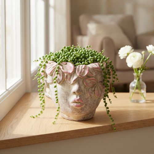 Pot de fleurs tête de plante à suspendre aspect béton rose H13cm | Floristik24.be