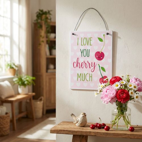 Article Panneau suspendu « Cerise » 17 cm x 12 cm (lot de 4) - Panneau décoratif avec une déclaration d'amour fruitée