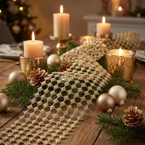 Chemin de table grille doré crème à paillettes L19cm L1,5m | Floristik24.be