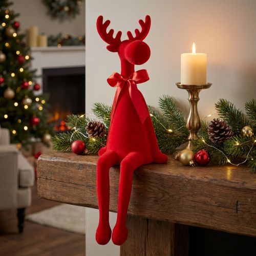 Figurine décorative d'élan avec nœud, assis, floqué, à poser sur une étagère, 54 cm | Floristik24.be