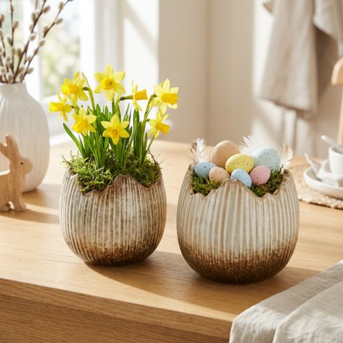 Pot de fleurs en céramique œuf cassé crème marron Ø11,5 cm 2 pcs | Floristik24.be