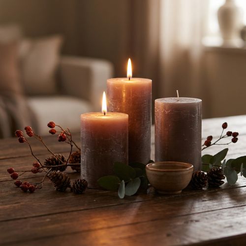 Grandes bougies piliers brunes 70×120 mm, lot de 4 – Élégantes bougies cylindriques brun fumé, teintées dans la masse pour une décoration et une ambiance chaleureuse. | Floristik24.be