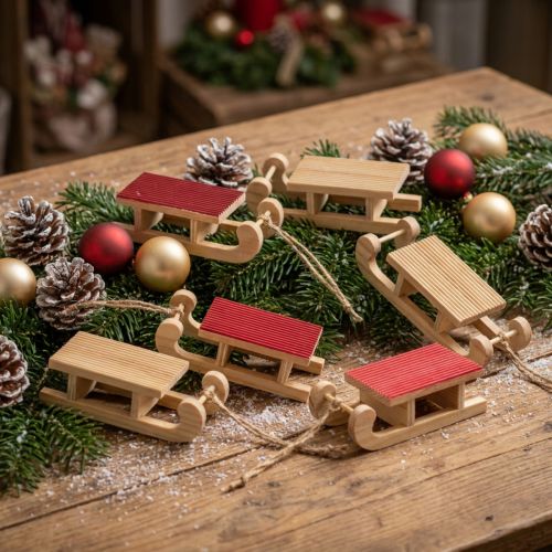 Lot de 6 mini luges en bois rouge et naturel 4x8,5 cm - Décoration de Noël | Floristik24.be