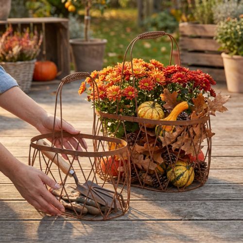 Panier ovale en fil de fer avec anse, décoration de jardin, finition rouille, 30 x 25 cm, lot de 2 | Floristik24.be