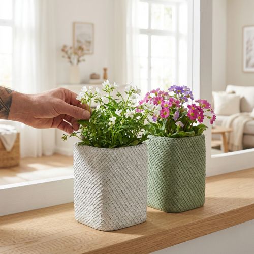 Jardinière en céramique maille relief vert blanc 12x12cm H17.5cm 2pcs | Floristik24.be