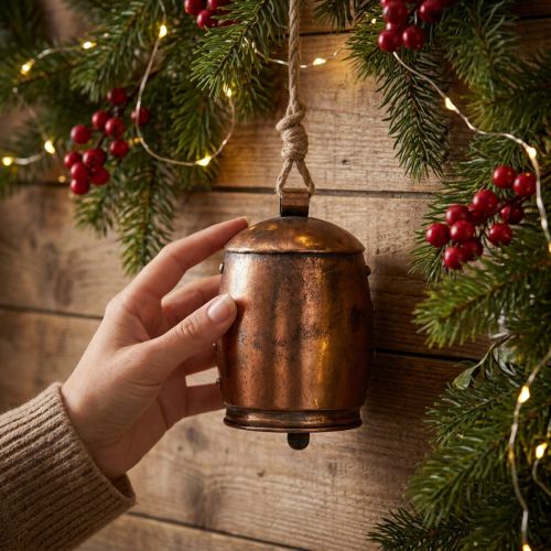 Cloche décorative en métal cuivré avec corde, Ø13,5cm, 49cm | Floristik24.be