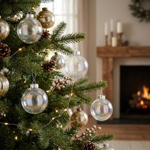 Article Boules de Noël en verre transparent irisé, 7,5 cm, lot de 12.
