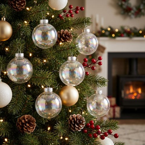 Article Boule de Noël en verre transparent nacré à effet irisé, avec attache en métal, 5 cm, lot de 24.