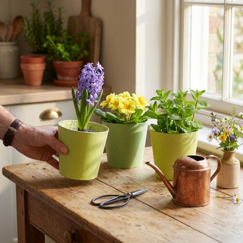 Cache pot en papier, jardinière, pot à planter bleu/vert Ø13cm H12.5cm 4pcs | Floristik24.be