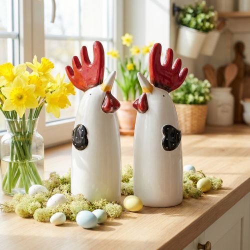 Coq en céramique Décoration de Cuisine Poulet Blanc H23cm 2 pcs | Floristik24.be