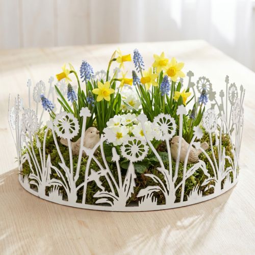 Article Plateau déco avec pissenlits, décoration métal pour printemps blanc, argenté shabby chic Ø25cm H10.5cm